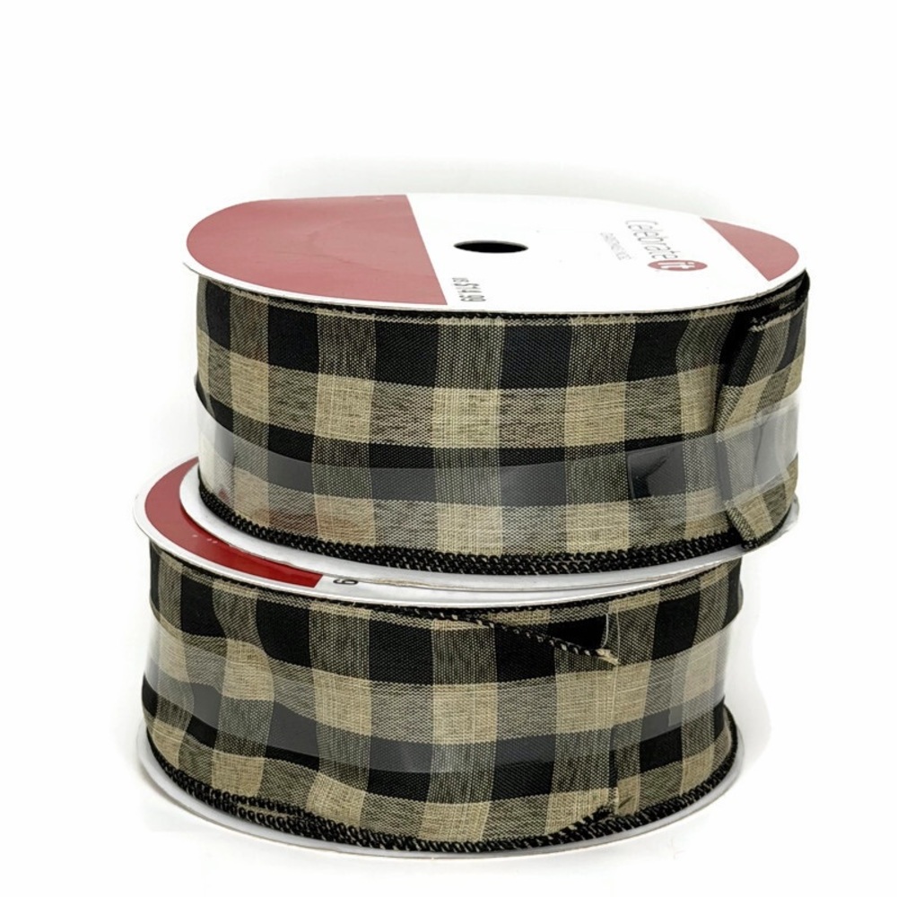 Buffalo Check Plaid Gold Black Wired Ribbon 2 1/2” Wide Set of 2